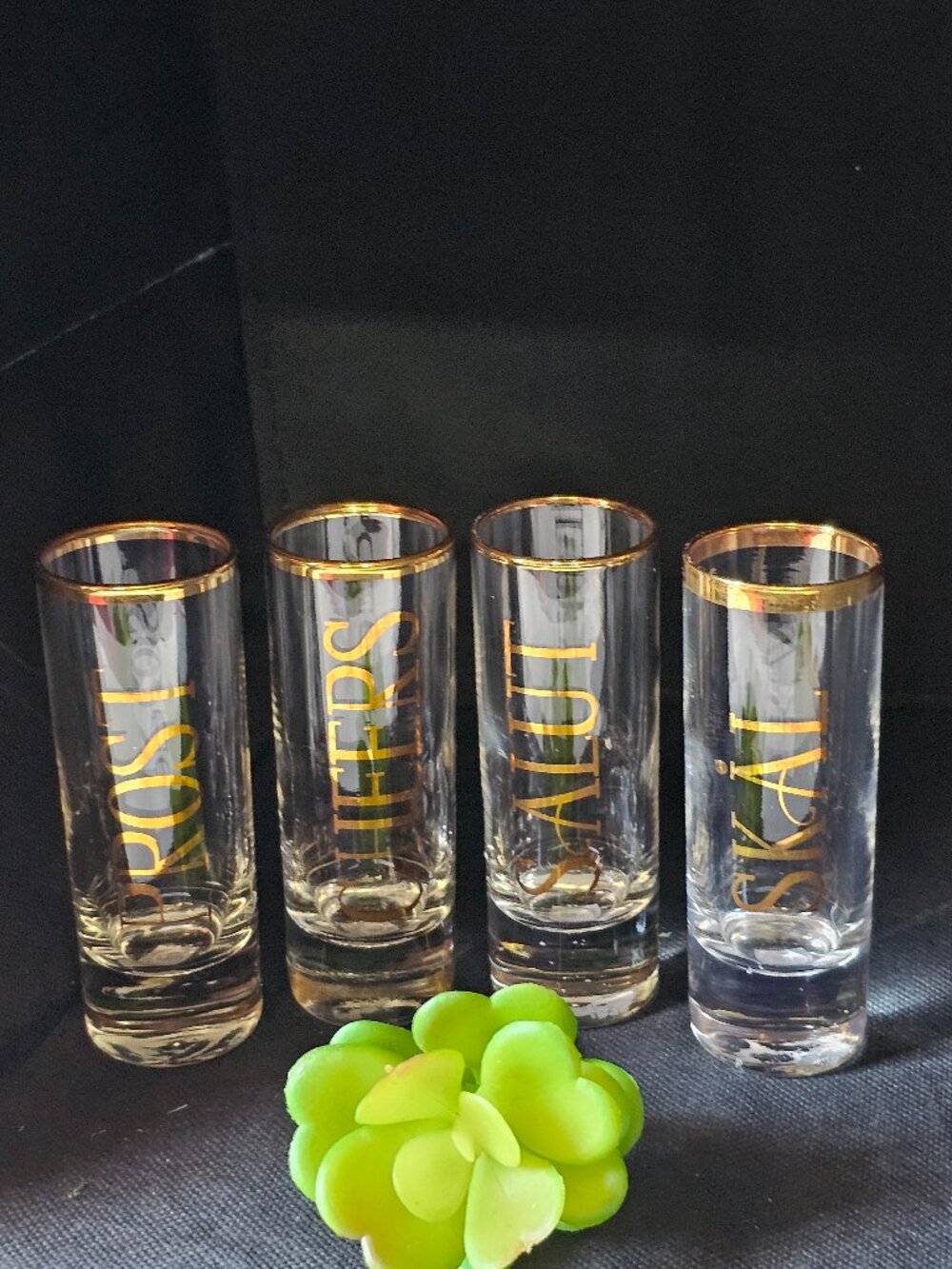 Vintage Barware Set 4 Clear Glass Shot Gold Rims International Cheers Messages